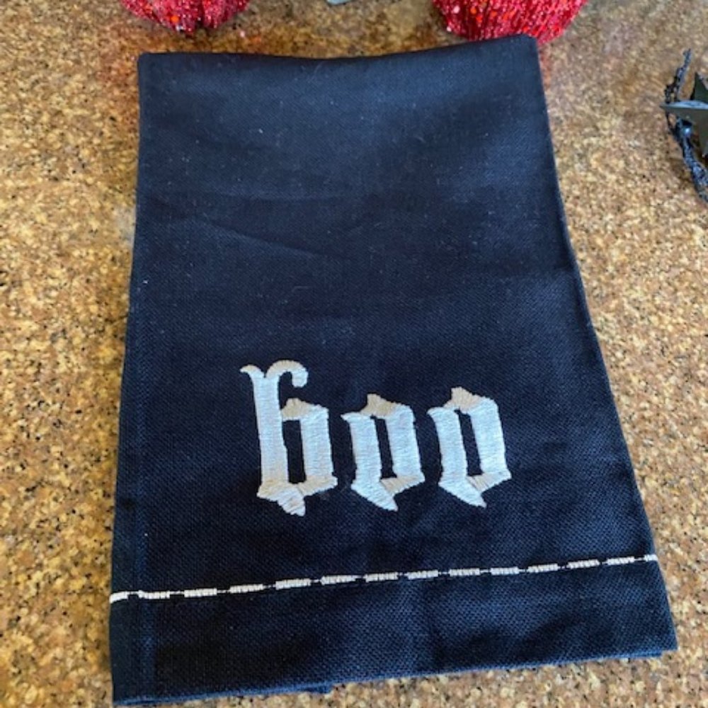 Halloween Black Kitchen Towel w/Embroidered BOO